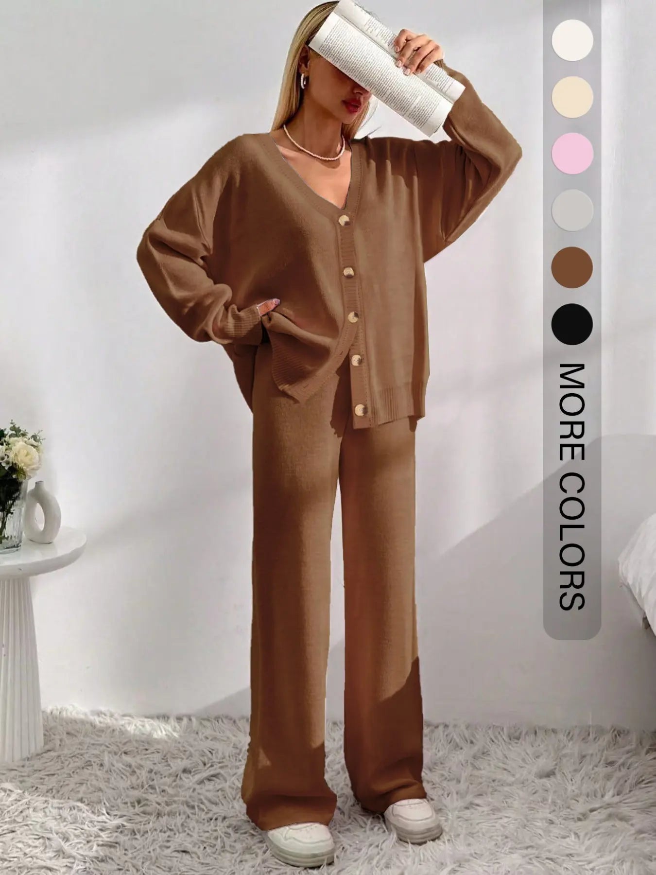 Women'S Solid Button-Front Drop-Shoulder Long Sleeves V-Neck Cardigan & Elastic Waist Wide-Leg Pants 2-Piece Set Womenswear, Casual Minimalist Fashion Cozy Knitwear Set for Daily Outdoor Wear, Women'S Outfit for Fall & Winter, Vneck Clothes