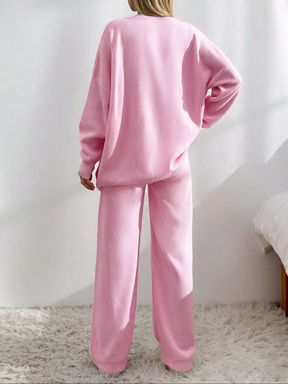 Women'S Solid Button-Front Drop-Shoulder Long Sleeves V-Neck Cardigan & Elastic Waist Wide-Leg Pants 2-Piece Set Womenswear, Casual Minimalist Fashion Cozy Knitwear Set for Daily Outdoor Wear, Women'S Outfit for Fall & Winter, Vneck Clothes