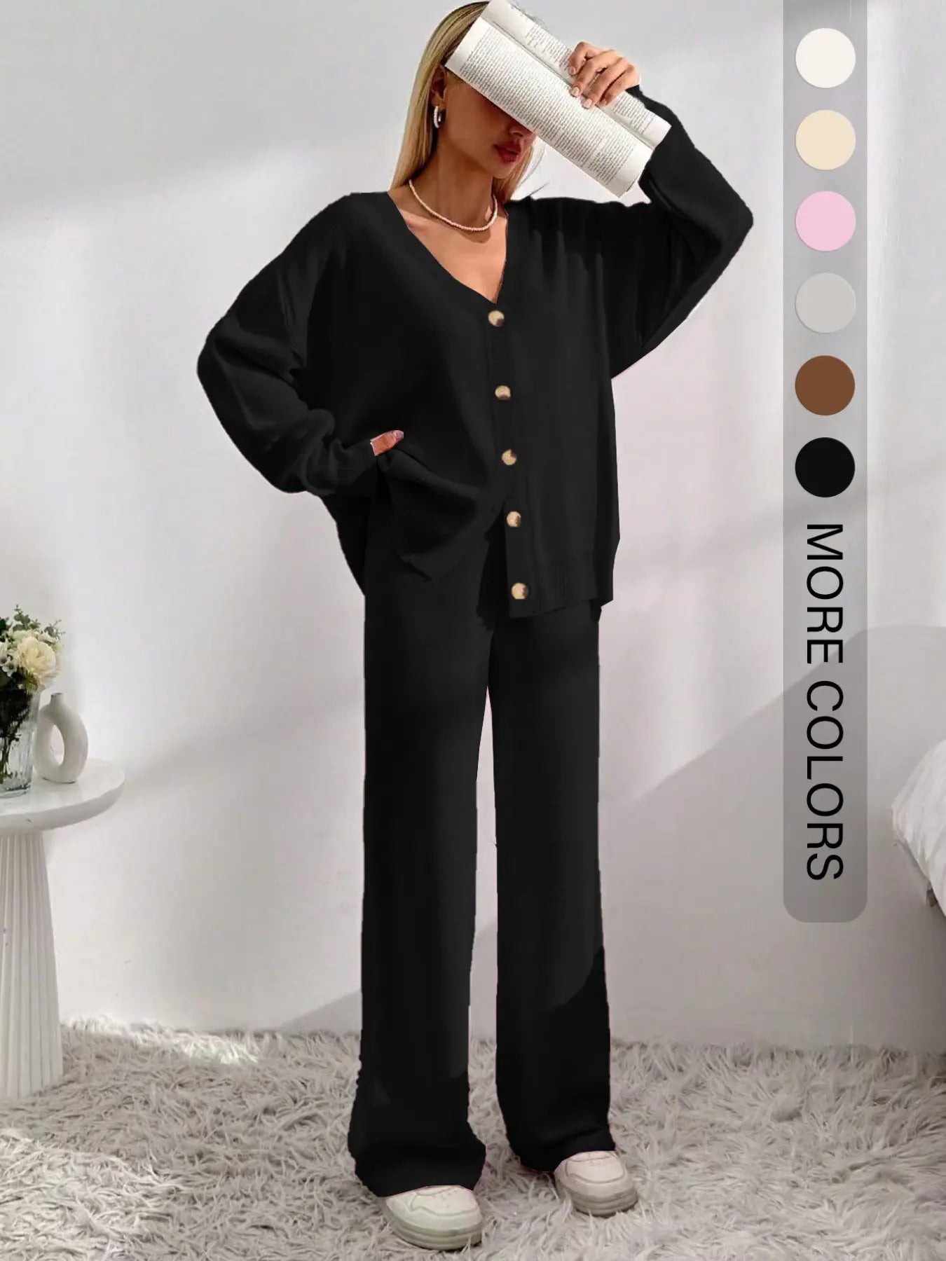 Women'S Solid Button-Front Drop-Shoulder Long Sleeves V-Neck Cardigan & Elastic Waist Wide-Leg Pants 2-Piece Set Womenswear, Casual Minimalist Fashion Cozy Knitwear Set for Daily Outdoor Wear, Women'S Outfit for Fall & Winter, Vneck Clothes