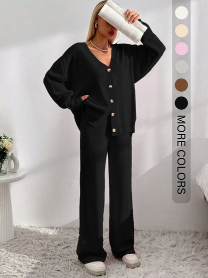 Women'S Solid Button-Front Drop-Shoulder Long Sleeves V-Neck Cardigan & Elastic Waist Wide-Leg Pants 2-Piece Set Womenswear, Casual Minimalist Fashion Cozy Knitwear Set for Daily Outdoor Wear, Women'S Outfit for Fall & Winter, Vneck Clothes