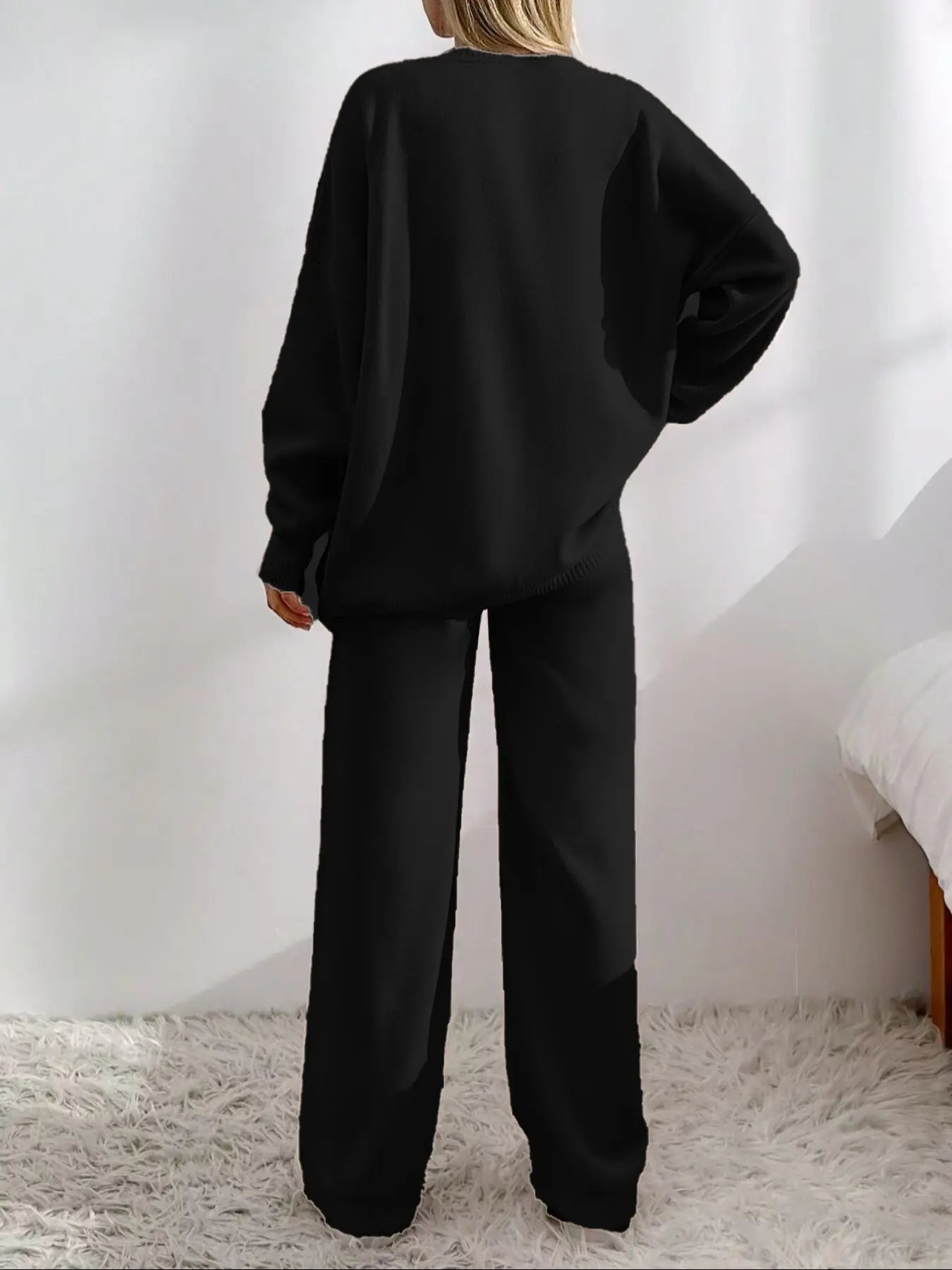 Women'S Solid Button-Front Drop-Shoulder Long Sleeves V-Neck Cardigan & Elastic Waist Wide-Leg Pants 2-Piece Set Womenswear, Casual Minimalist Fashion Cozy Knitwear Set for Daily Outdoor Wear, Women'S Outfit for Fall & Winter, Vneck Clothes