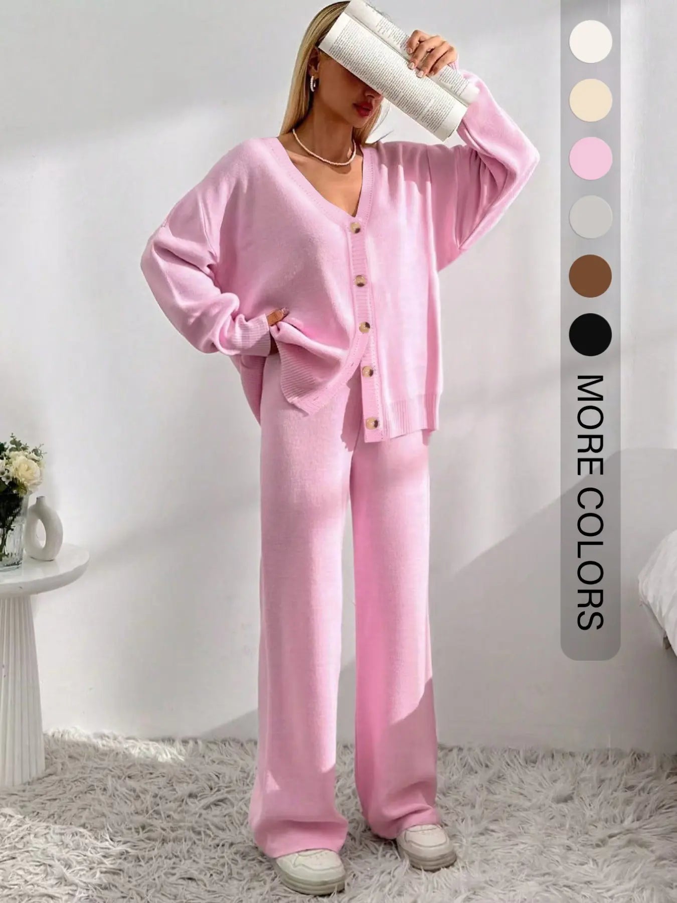 Women'S Solid Button-Front Drop-Shoulder Long Sleeves V-Neck Cardigan & Elastic Waist Wide-Leg Pants 2-Piece Set Womenswear, Casual Minimalist Fashion Cozy Knitwear Set for Daily Outdoor Wear, Women'S Outfit for Fall & Winter, Vneck Clothes
