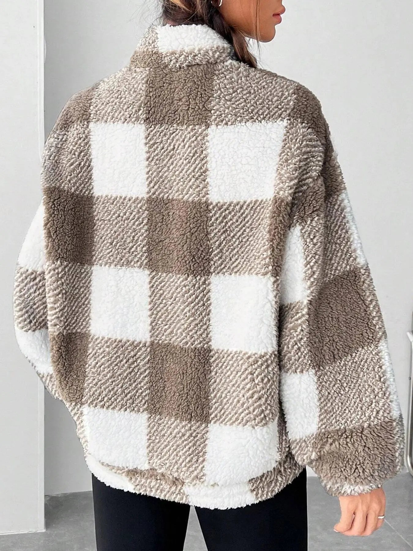Women'S Plaid Half Zip Drop Shoulder Fleece Sweatshirt, Casual Style Long Sleeve Collar Pullover for Spring & Fall, Ladies Clothes for Daily Wear, Womenswear, Tops