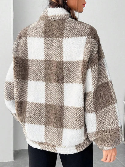 Women'S Plaid Half Zip Drop Shoulder Fleece Sweatshirt, Casual Style Long Sleeve Collar Pullover for Spring & Fall, Ladies Clothes for Daily Wear, Womenswear, Tops