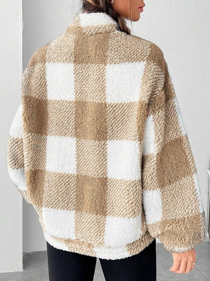 Women'S Plaid Half Zip Drop Shoulder Fleece Sweatshirt, Casual Style Long Sleeve Collar Pullover for Spring & Fall, Ladies Clothes for Daily Wear, Womenswear, Tops