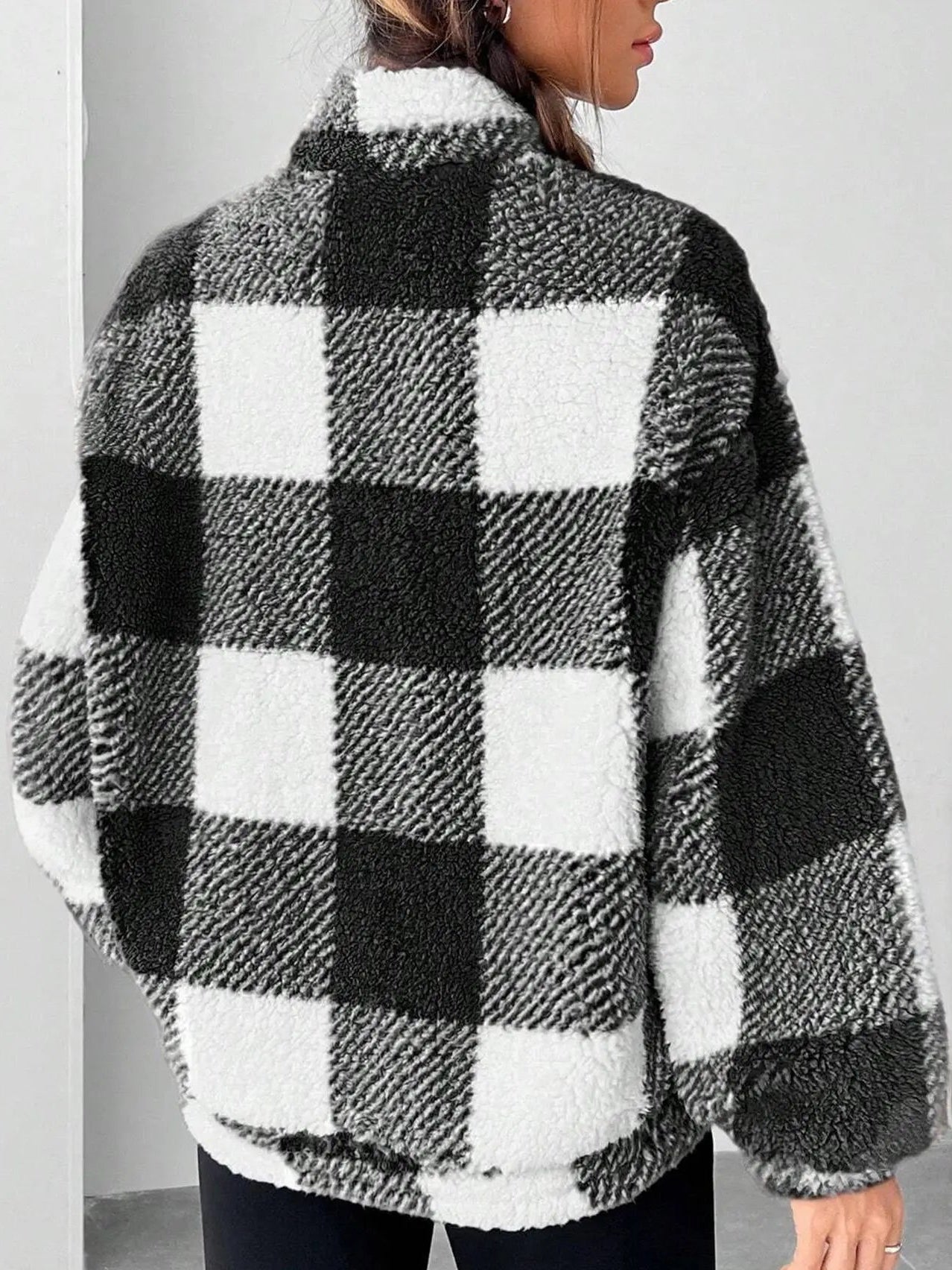Women'S Plaid Half Zip Drop Shoulder Fleece Sweatshirt, Casual Style Long Sleeve Collar Pullover for Spring & Fall, Ladies Clothes for Daily Wear, Womenswear, Tops