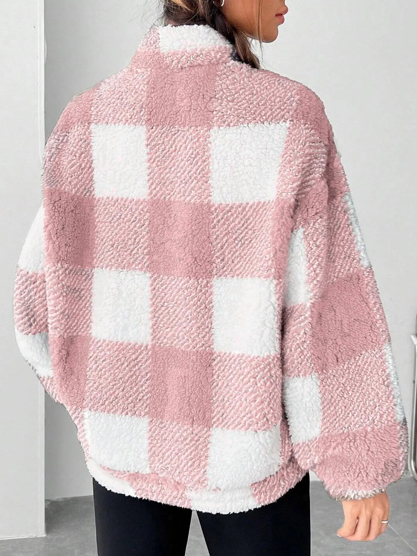 Women'S Plaid Half Zip Drop Shoulder Fleece Sweatshirt, Casual Style Long Sleeve Collar Pullover for Spring & Fall, Ladies Clothes for Daily Wear, Womenswear, Tops