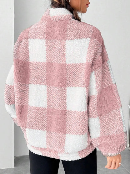 Women'S Plaid Half Zip Drop Shoulder Fleece Sweatshirt, Casual Style Long Sleeve Collar Pullover for Spring & Fall, Ladies Clothes for Daily Wear, Womenswear, Tops
