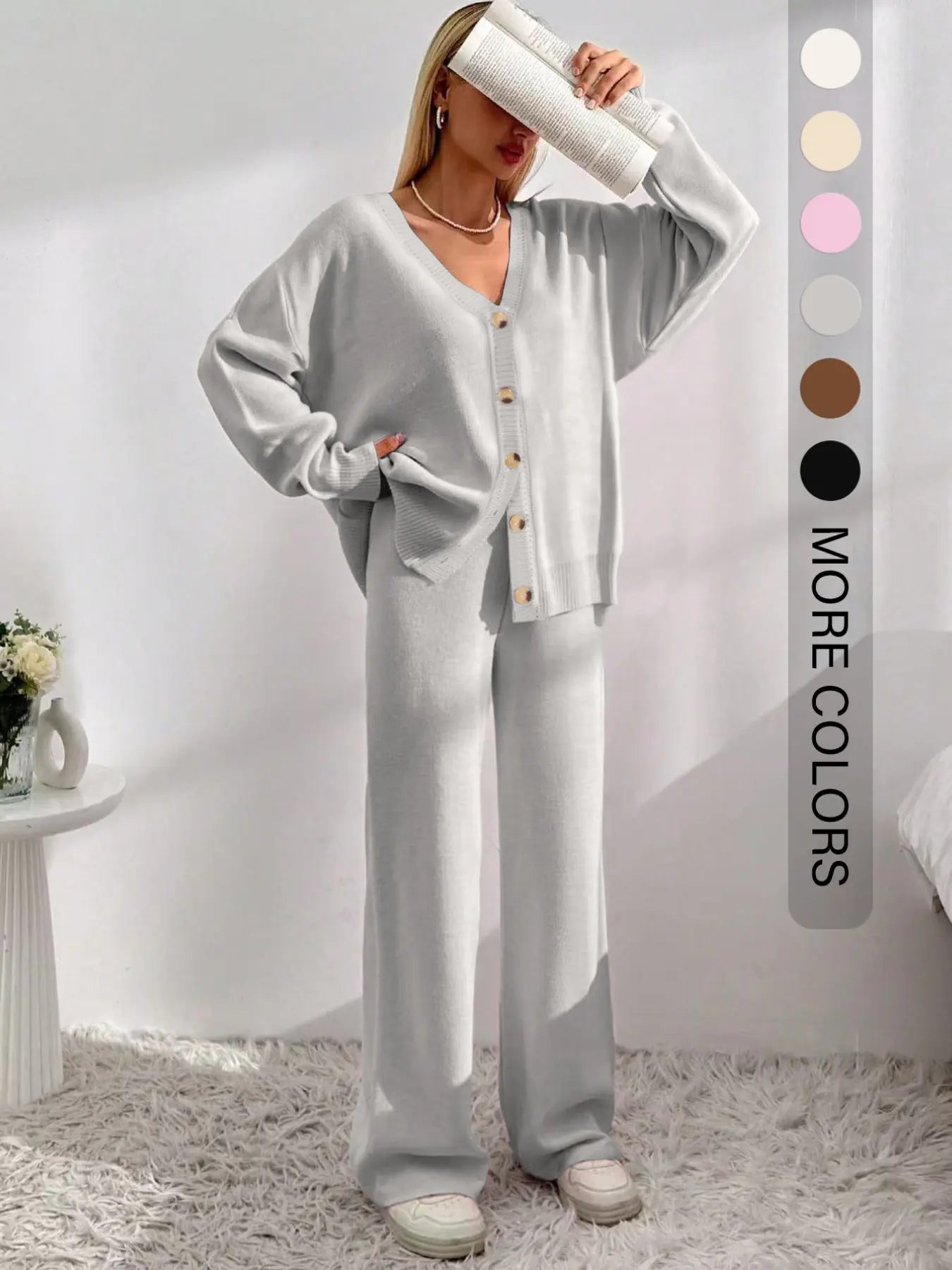 Women'S Solid Button-Front Drop-Shoulder Long Sleeves V-Neck Cardigan & Elastic Waist Wide-Leg Pants 2-Piece Set Womenswear, Casual Minimalist Fashion Cozy Knitwear Set for Daily Outdoor Wear, Women'S Outfit for Fall & Winter, Vneck Clothes