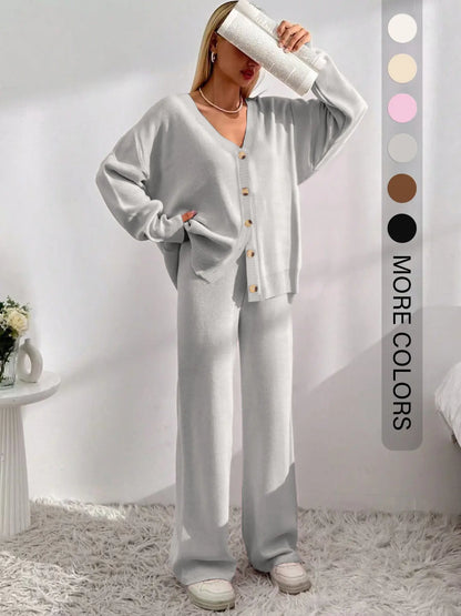 Women'S Solid Button-Front Drop-Shoulder Long Sleeves V-Neck Cardigan & Elastic Waist Wide-Leg Pants 2-Piece Set Womenswear, Casual Minimalist Fashion Cozy Knitwear Set for Daily Outdoor Wear, Women'S Outfit for Fall & Winter, Vneck Clothes