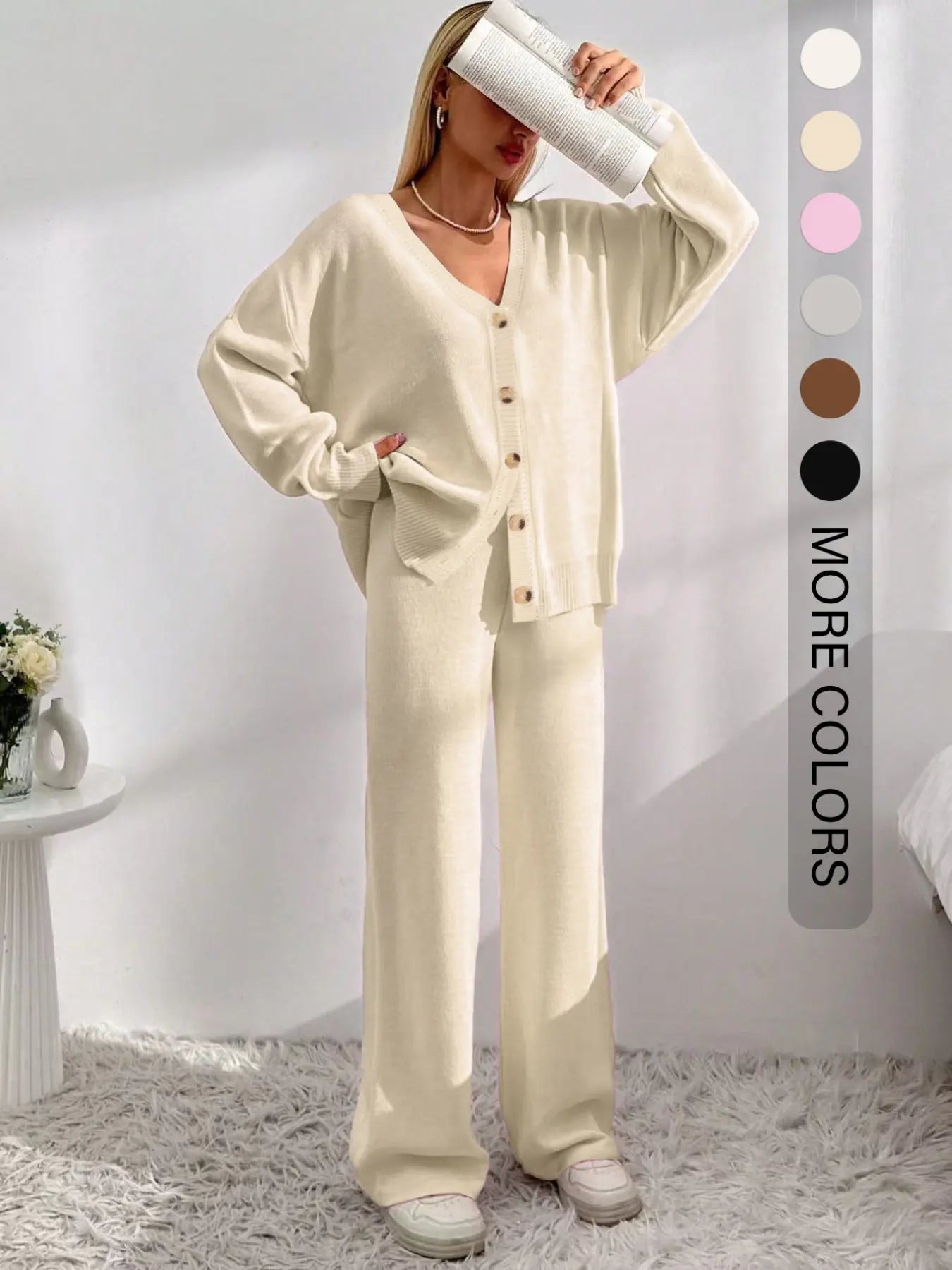 Women'S Solid Button-Front Drop-Shoulder Long Sleeves V-Neck Cardigan & Elastic Waist Wide-Leg Pants 2-Piece Set Womenswear, Casual Minimalist Fashion Cozy Knitwear Set for Daily Outdoor Wear, Women'S Outfit for Fall & Winter, Vneck Clothes