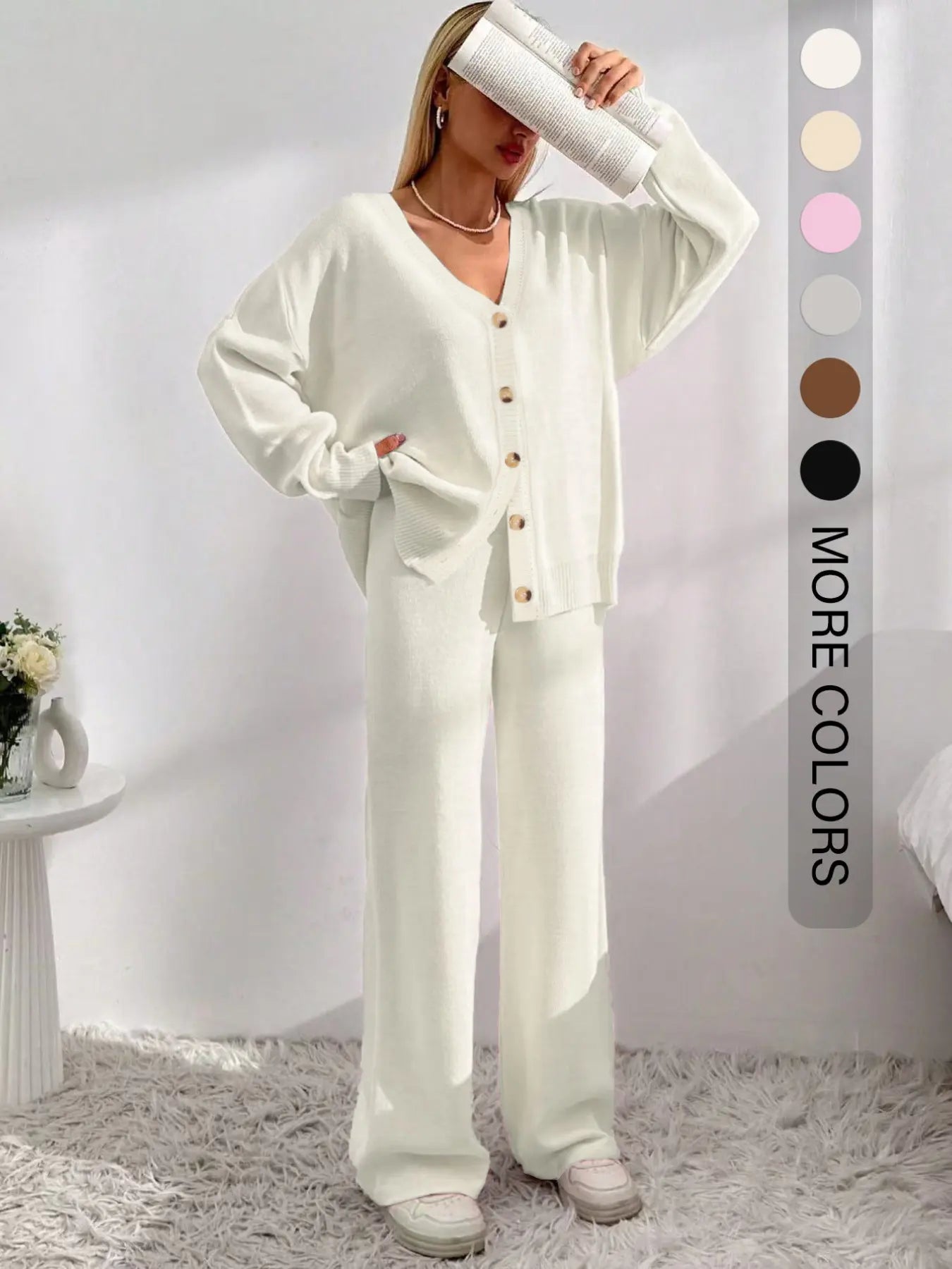 Women'S Solid Button-Front Drop-Shoulder Long Sleeves V-Neck Cardigan & Elastic Waist Wide-Leg Pants 2-Piece Set Womenswear, Casual Minimalist Fashion Cozy Knitwear Set for Daily Outdoor Wear, Women'S Outfit for Fall & Winter, Vneck Clothes