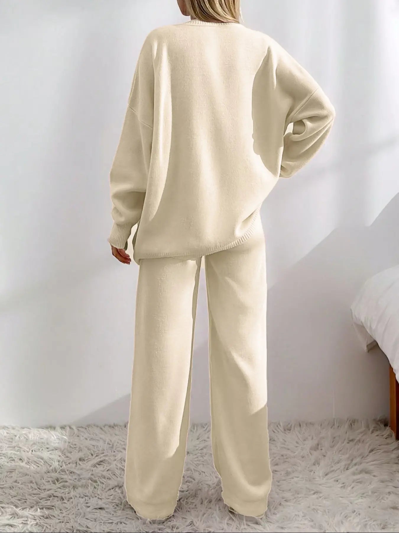 Women'S Solid Button-Front Drop-Shoulder Long Sleeves V-Neck Cardigan & Elastic Waist Wide-Leg Pants 2-Piece Set Womenswear, Casual Minimalist Fashion Cozy Knitwear Set for Daily Outdoor Wear, Women'S Outfit for Fall & Winter, Vneck Clothes