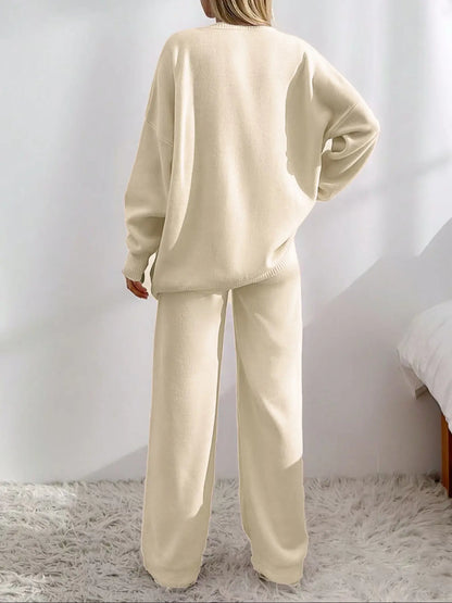 Women'S Solid Button-Front Drop-Shoulder Long Sleeves V-Neck Cardigan & Elastic Waist Wide-Leg Pants 2-Piece Set Womenswear, Casual Minimalist Fashion Cozy Knitwear Set for Daily Outdoor Wear, Women'S Outfit for Fall & Winter, Vneck Clothes